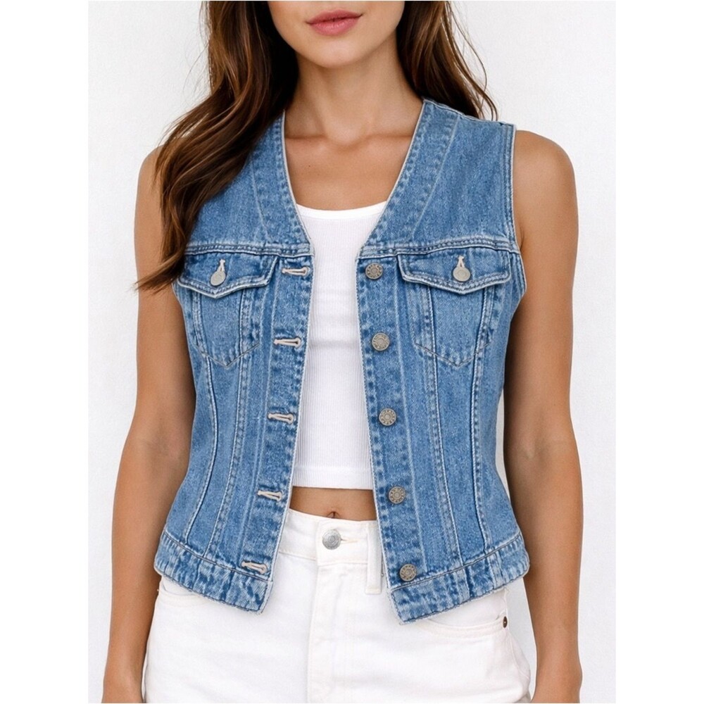 Vintage GAP Denim Vest Y2K Blue Jean Button Front Fitted Western Boho Size Small
